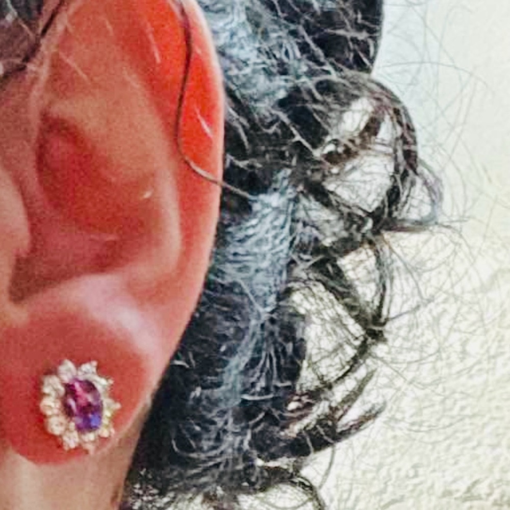 New 10K Solid Real Gold sunburst diamond cz purple gemstone earrings studs - Picture 4 of 7